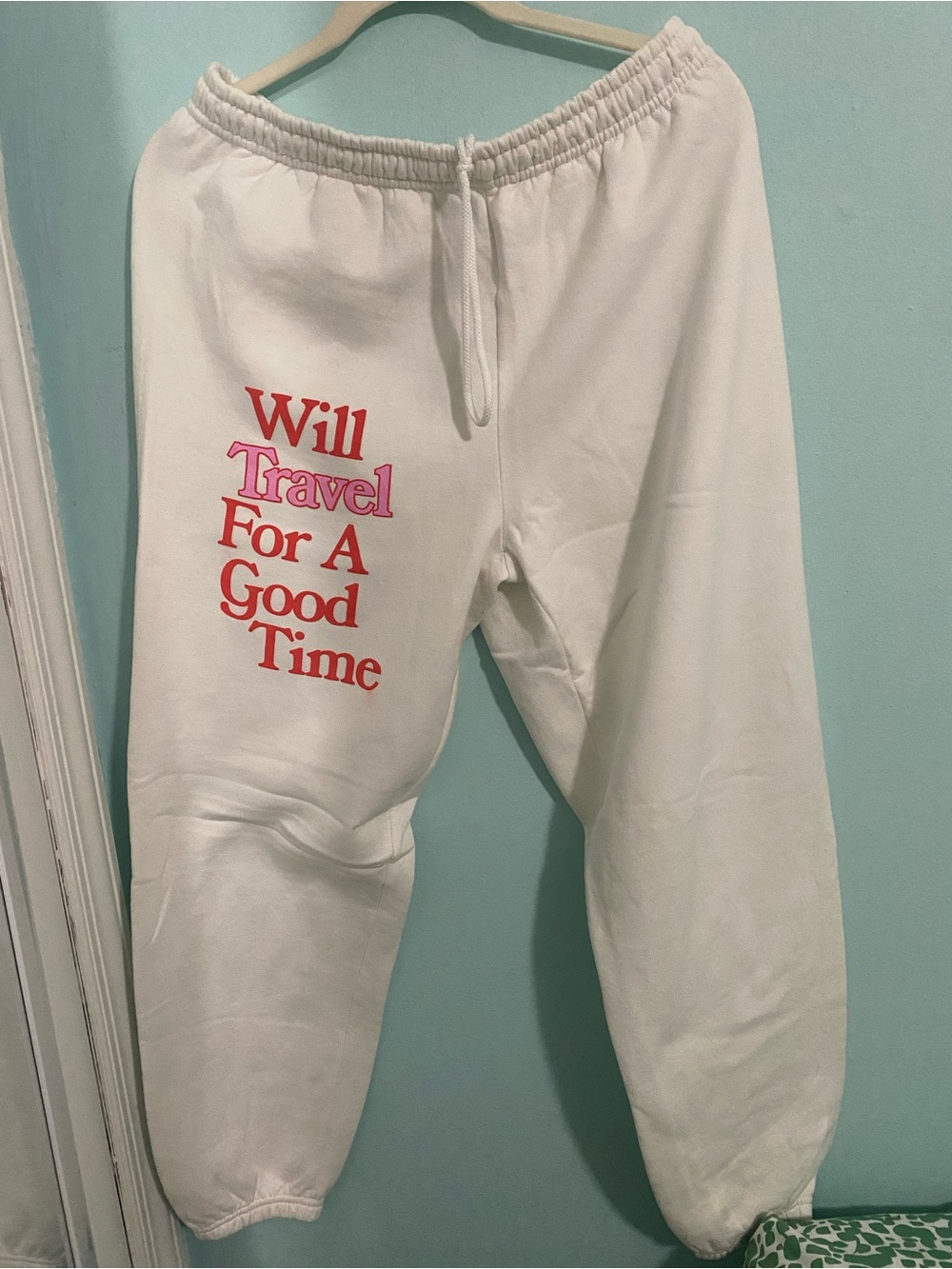 Gildan White women’s Sweatpants with Pink & Red Graphic Text